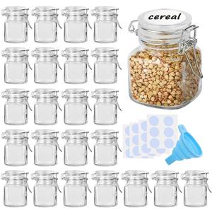 Spice Jars, 24 Pack 4oz Small Glass Jars with Airtight Hinged Lid, With 24 Spice Labels & Silicone Funnels, Airtight Glass Jars for Spices, Condiments Herb Seasoning Art Craft Storage