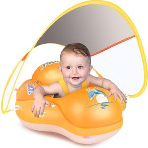 Baby Pool Float No Flip Over, Inflatable Baby Float with Sun Protection Canopy, Baby Swimming Float, Baby Swim Float with Double Air Chambers, Add Tail for Age of 3-36 Months (X-Large, yellow)