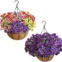 Artificial Hanging Plants Flowers with Basket 2 Packs, Artificial Hanging Flowers for Outdoors, Faux Hanging Plants Outdoor, Blue Fake Flowers, Yellow+Purple+Pink+Red&Purple