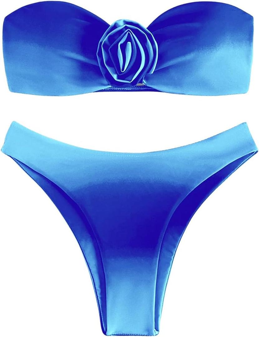 BEAUDRM Women's 2 Piece Striped 3D Flower Bandeau Bikini Triangle Set Backless Tube High Cut Swimsuit Bathing Suit Royal Blue Medium