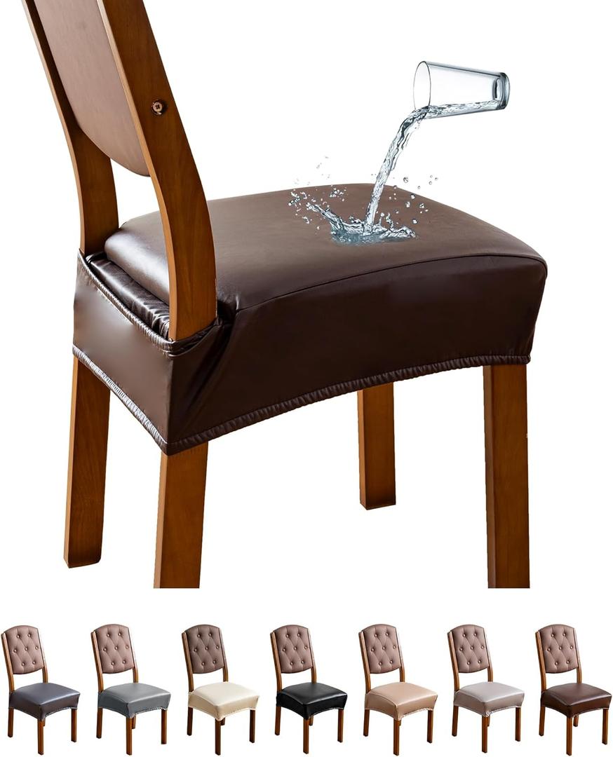 Genina Dining Chair Covers Set of 2, Waterproof PU Leather Dining Seat Covers Stretch Wipeable Dining Room Seat Cover Kitchen Chair Slipcover Protector (Rear-Covered Design, Chocolate)