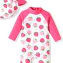 Aalizzwell Baby Girls Long Sleeve One Piece Bathing Suit with Hat (6-12 Months, Multicolored Strawberry)