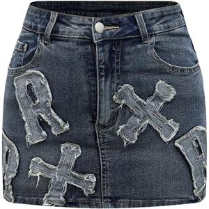 Floerns Women's Distressed Letter Embroidered Denim Skirt Casual Mini Pencil Jean Skirts Grey Blue Small
