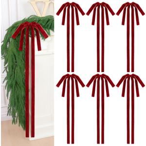 Soulchen 16 Pcs Burgundy Velvet Bows Christmas Ornament 11.8" x 29.5" Double Layer Long Velvet Wine Red Vintage Christmas Tree Decoration for Staircase Xmas Home Wreath Winter Outdoor Indoor