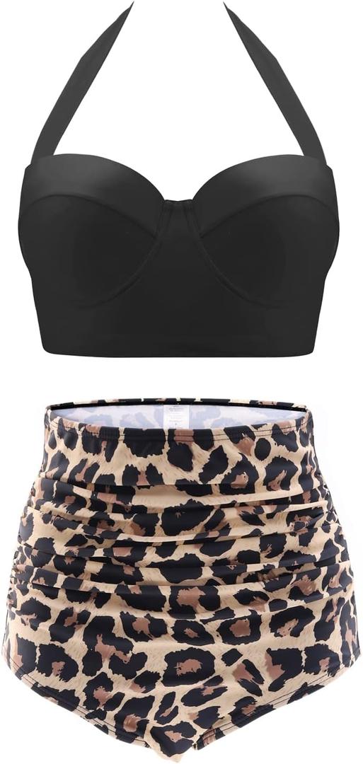 CHERRY CAT Womens Vintage Retro Polka High Waisted Underwire Bikini Two Piece Swimsuits (Medium, Leopard) CHERRY CAT Womens Vintage Retro Polka High Waisted Underwire Bikini Two Piece Swimsuits (Medium, Leopard)