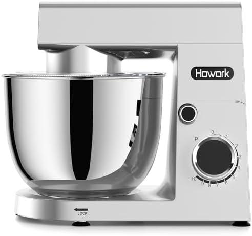 HOWORK Stand Mixer, 10+p Speeds With 5.5QT Stainless Steel Bowl, Dough Hook, Wire Whip & Beater, for Most Home Cooks, Silver