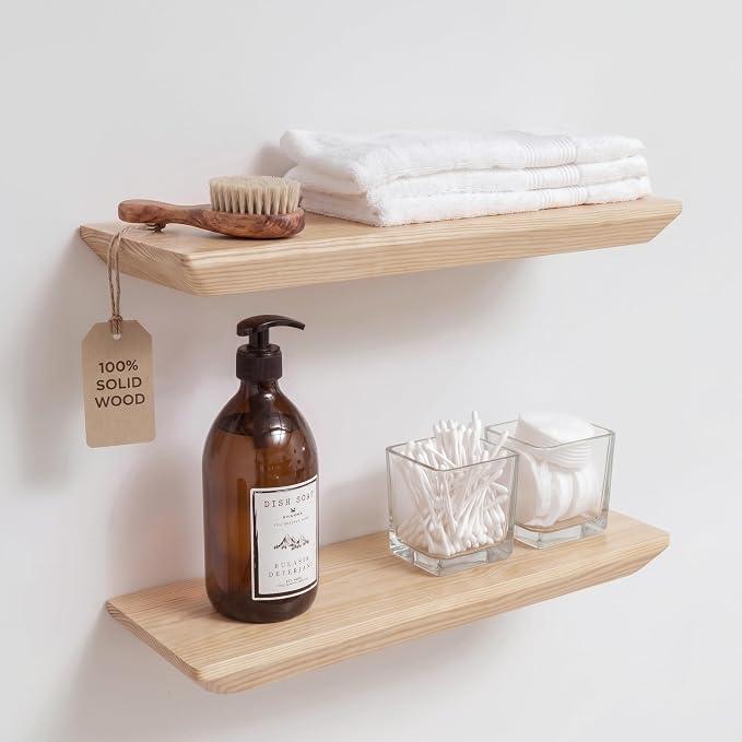 Floating Shelves for Wall - Solid Pine Wood Wall Shelf - Bathroom Shelves - Wall Shelves for Bedroom - Floating Shelf for Wall Mounted Shelves - 16x6.7x1.2 inch - Set of 2 (Natural Color)
