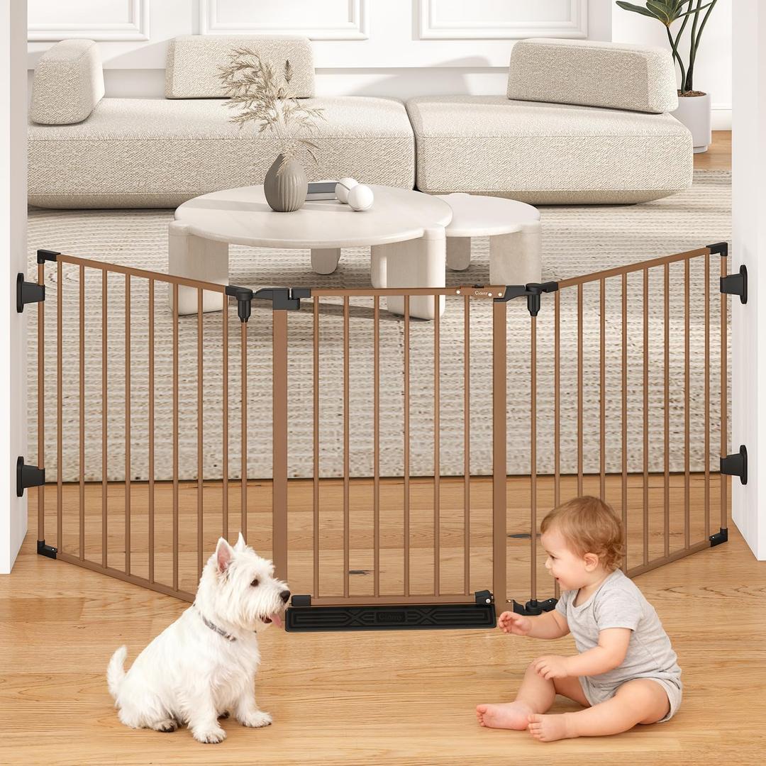 78" Extra Wide Baby Gate, Dog Gates Indoor for Doorways Stairs, Essential Safety Gate for Child, Hardware Mounted Adjustable Pet Gate with Anti-Trip Pedal, 28'' Tall 3 Metal Panels Brown