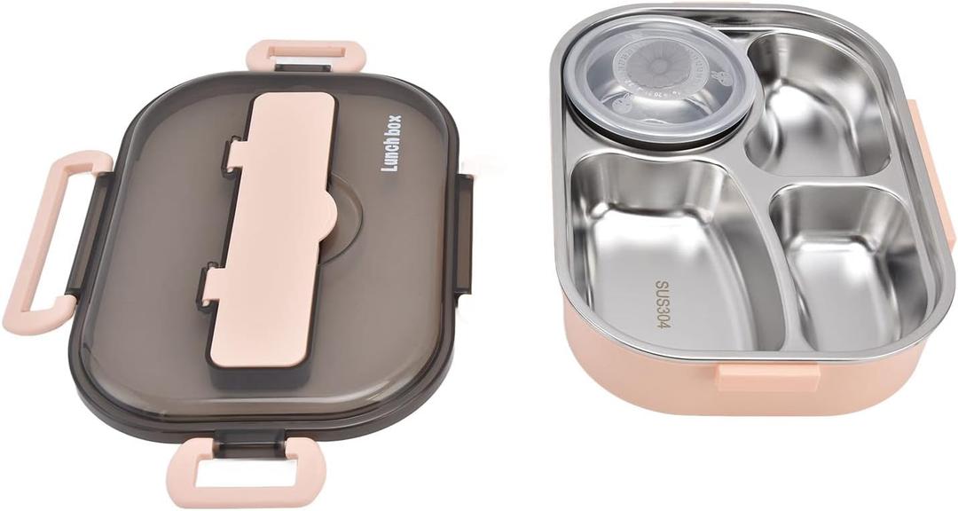 LIZEALUCKY Bento Box, Stainless Steel Lunch Box,4Grid Portable Bento Box, Food Storage Container for Adult, The Lid Contains Spoons and Chopsticks( Pink)