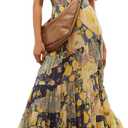 ABYOVRT Women Floral Maxi Dress Short Puff Sleeve V Neck Bohemian Flowy Dress Smocked Casual Spring Summer Dresses (Large, Beige)