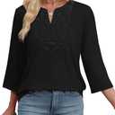 WIHOLL 3/4 Length Sleeve Womens Tops Boho V Neck Lace Shirt Trendy Blouses Dressy Casual Vacation Clothes S-3XL (Black, XXXL)
