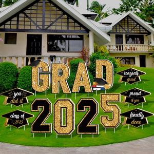 Aneco Waterproof 2025 Grad Yard Signs Plastic Graduation Yard Signs Party Outdoor Lawn Decorations 16 Inches Glitter Congrats Grad with Stakes for Outdoor, Lawn Party Decor (Black and Gold)