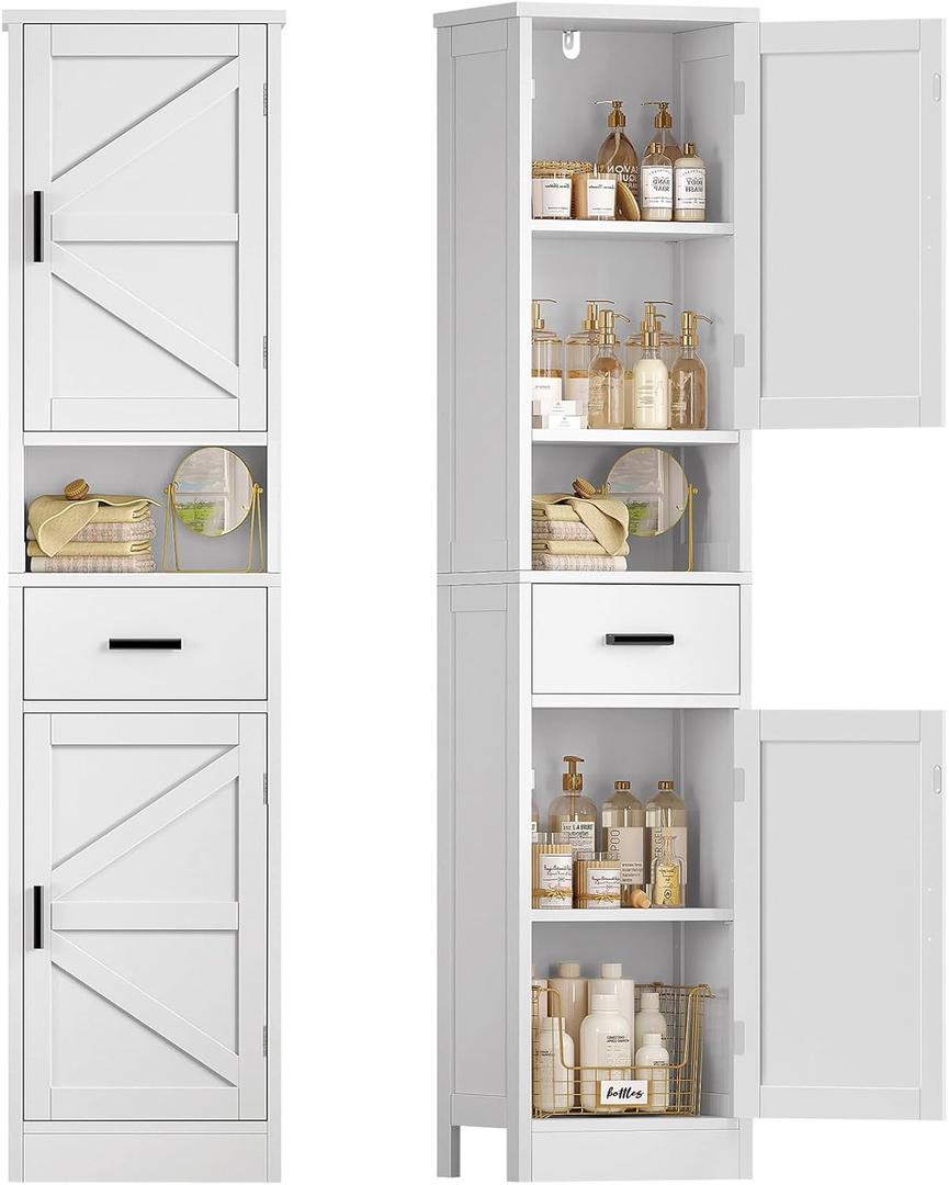 TEENFON 67" H Bathroom Storage Cabinet with Barn Doors & Adjustable Shelves, Bathroom Cabinet with Drawer, Narrow Bathroom Storage Unit, Floor Cabinets for Living Room, Kitchen, White, 11.8"D x 15.8"W x 67"H