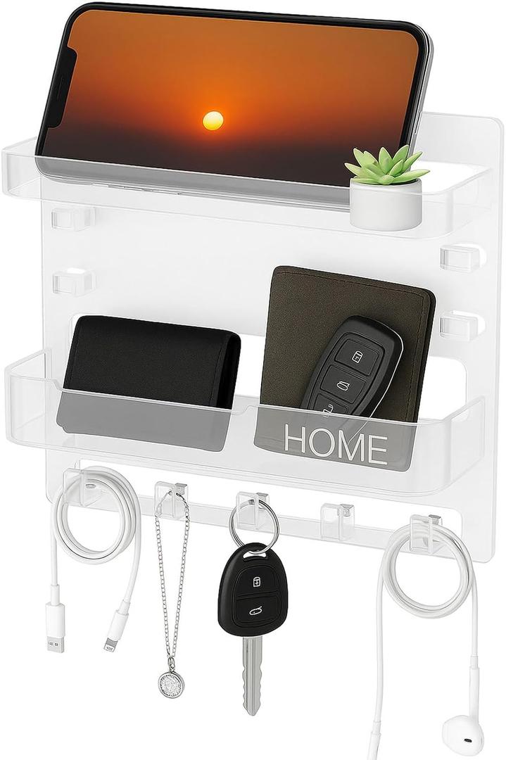 Bedside Wall Shelf Organizer with 5 Hooks & Cable Clips, Plastic Adhesive Wall Mount Storage Rack for Phone, Remote, Earphones, Kindle, Bedroom, Dorm, RV (Clear), 24 cm x 5.4 cm x 23 cm