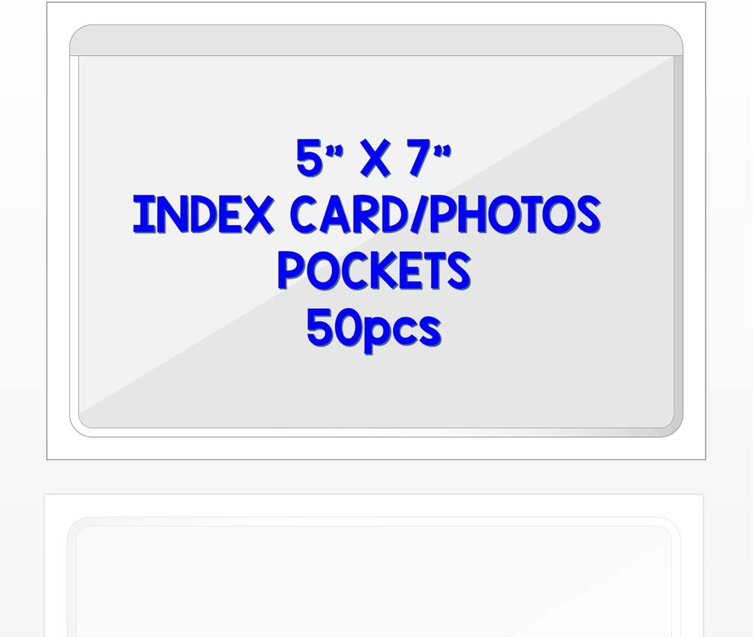 IMAGAME Clear Adhesive 5" x 7" Index Card Pockets with Top Open for Loading, 50 Pack, Plastic Labels Holders for Storage Bins and Library Card, Organizing and Protecting Your Index Cards or Photos