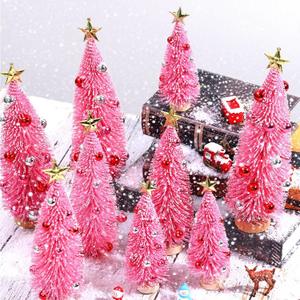 9 Pack Pink Christmas Bottle Brush Trees, Artificial Mini Christmas Tree Decorated Ornaments Small Pink Sisal Tree with Wood Base for Xmas Winter Snow Miniature Tabletop Home Decoration