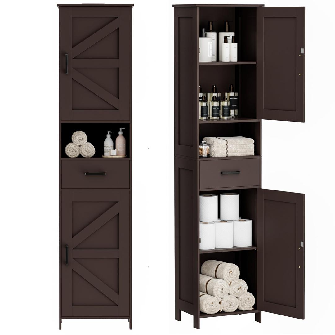 Homhedy 67" H Tall Bathroom Storage Cabinet with Barn Doors and Drawer