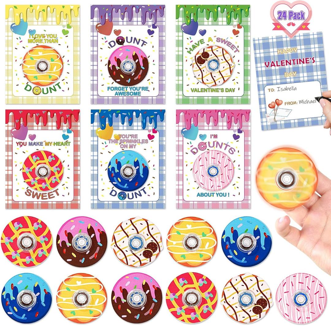 Valentines Day Cards for Kids School Classroom Exchange, 24 Pack Valentines Cards with Donut Fidget Spinner Toys Bulk, Boys Girls Valentines Cards Gifts for Classroom School Favors Prizes