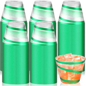 Norme 100 Pcs 9oz Green Cups Rimmed Plastic Cups Holiday Trimmed Disposable Cup Disposable Wine Glasses for Party Supplies(Green and Clear)