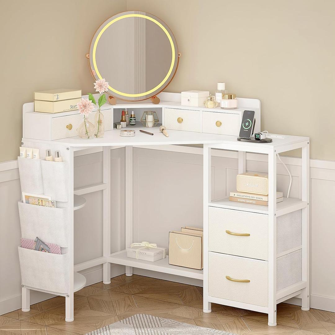 Espelism Corner Vanity Desk with Charging Station, 49.6" Makeup Table with Fabric Drawers & Side Pocket, Space-Saving Dressing Table for Small Space Bedroom Dorm(White), 49.6" L x 15.7" W x 30" H