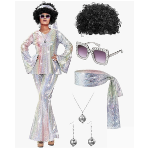 Jexine 70s Women Disco Outfit Costume Disco Party Top Pants Sunglasses Ball Necklace Earring Wig for Halloween New Year Eve, Medium