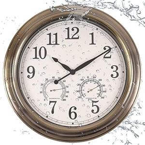 Vigorwise 16 Inch Outdoor Clock Thermometer Combo, Bronze Metal-Frame Outdoor Clocks Waterproof, Silent Outdoor Wall Clock for Patio Pool