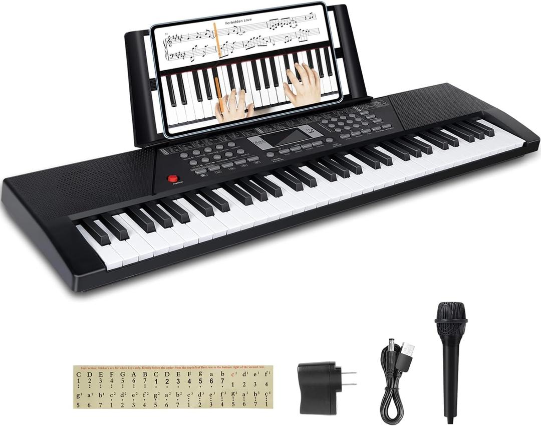 61 Keys Keyboard Piano,Electric Digital Piano,with Built-In Speaker Microphone,Piano Note Stickers,Sheet Music Stand and Power Supply,Portable Keyboard Piano for Beginners Girls Boys