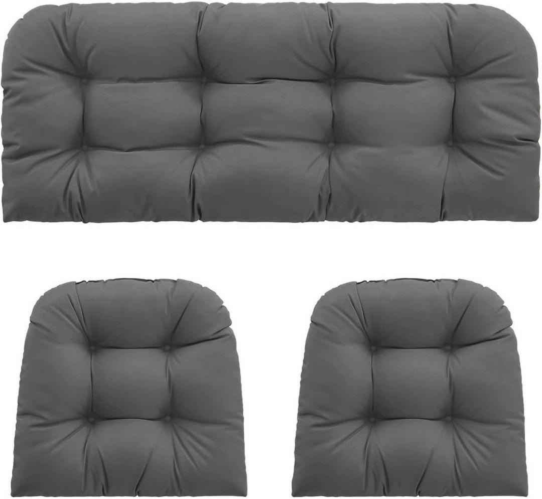 Outdoor Wicker Chair Cushions 3 Pieces for Patio Furniture, 1 Loveseat Cushion 44x22x4 and 2 U-Shaped Cushions 22x22x4, Indoor Outside Use, Fade-Resistant & Waterproof, Dark Gray