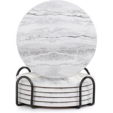 Coasters with Holder for Coffee Table, Absorbent Coaster Set of 6, Marble Style Ceramic Coaster for Wooden Table, Suitable for Kinds of Cups, Home Decor