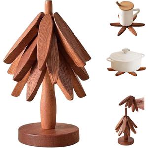 Premium Wooden Trivets Set of 3 - Auto Unfold Tree Design Hot Pot Holders & Countertop Protectors | Walnut Wood