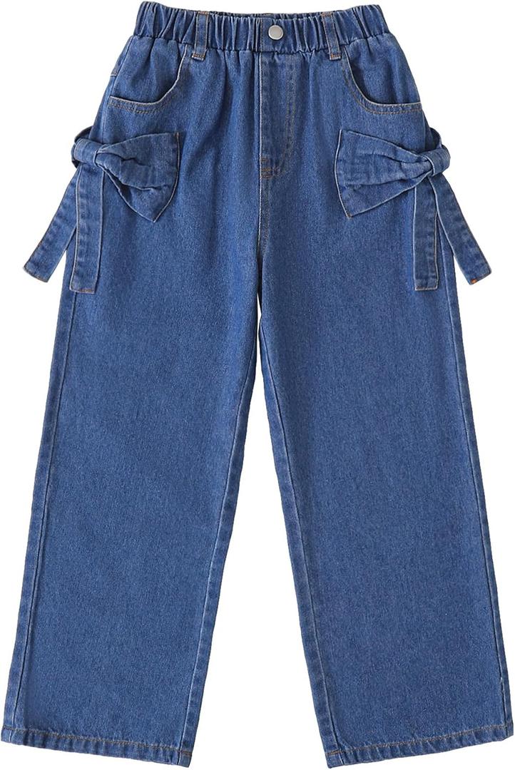 Hilinker Girls Bow Knots Baggy Jeans Cute Elastic Waist Straight Leg Denim Pants with Pockets (Blue, S)
