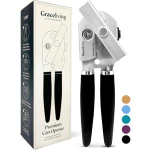 Premium Multifunction Magnetic Manual Can Opener and Bottle Opener, Heavy Duty Stainless Steel Sharp Cutting Blade and Oversized Easy Turn Knob, Soft-Touch Handle, Kitchen Use, Black