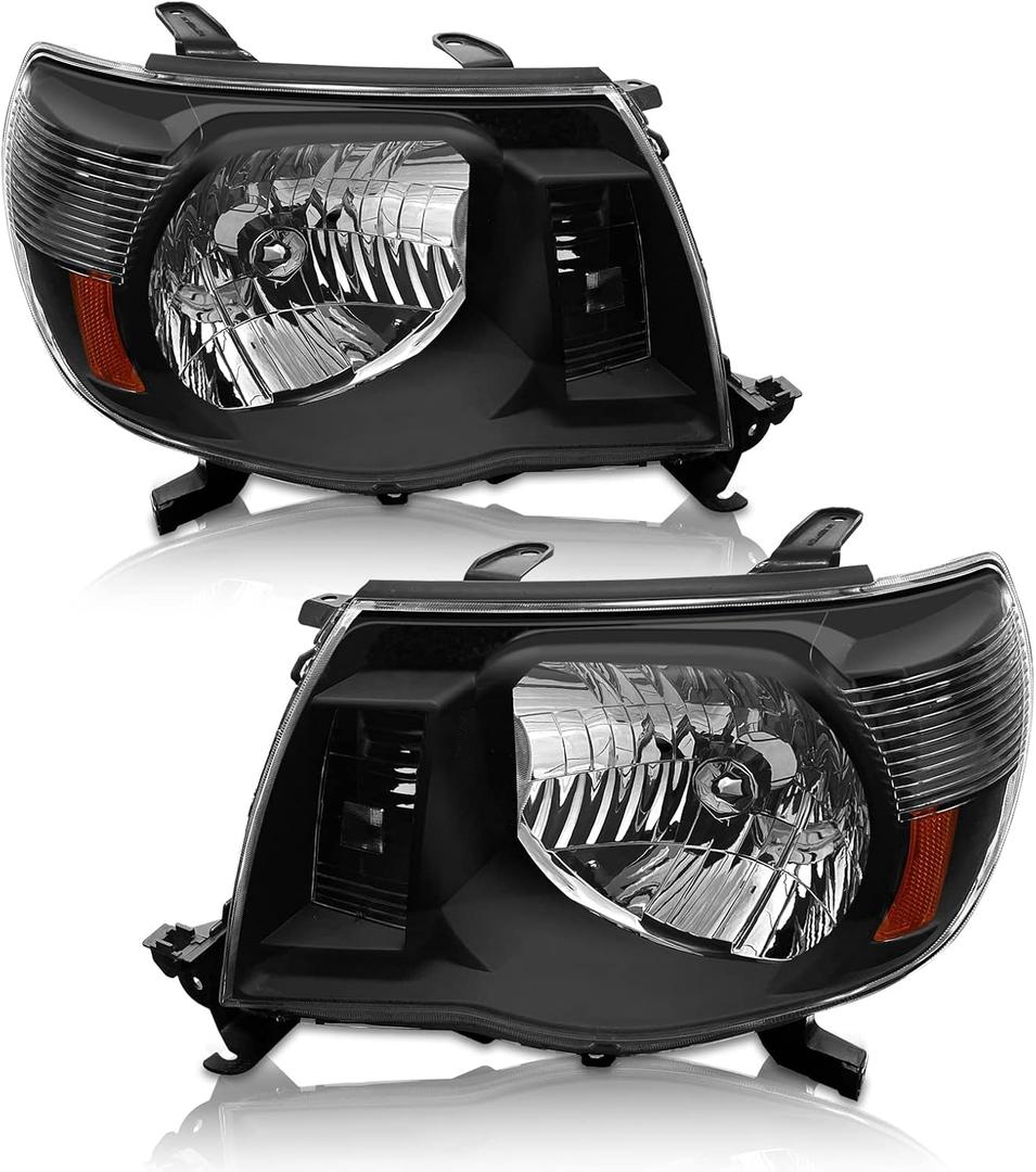 AS 2005 2006 2007 2008 2009 2010 2011 Toyota Tacoma Headlight Assembly Replacement for 05 06 07 08 09 10 11 Tacoma with Black Housing Amber Reflector Clear Lens Driver and Passenger Side Pair