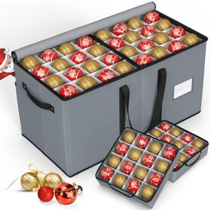 Keten Christmas Ornament Storage Boxes with 8 Individual Trays, Fits 128 Holiday Ornaments 3-Inch, Christmas Ball Accessories Container with 48 Dividers, Dual Zippered Closure, 600D Oxford (Grey)