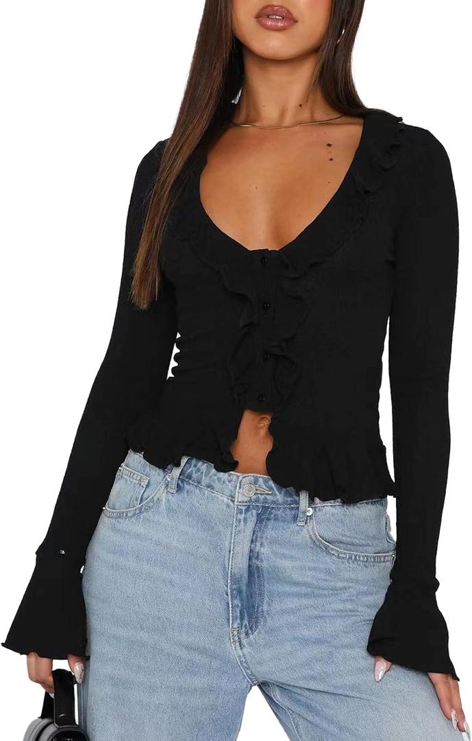 Women Going Out Tops Ruffle Trim Button Front V Neck Flared Sleeve Shirt Y2k Crop Top (Small)