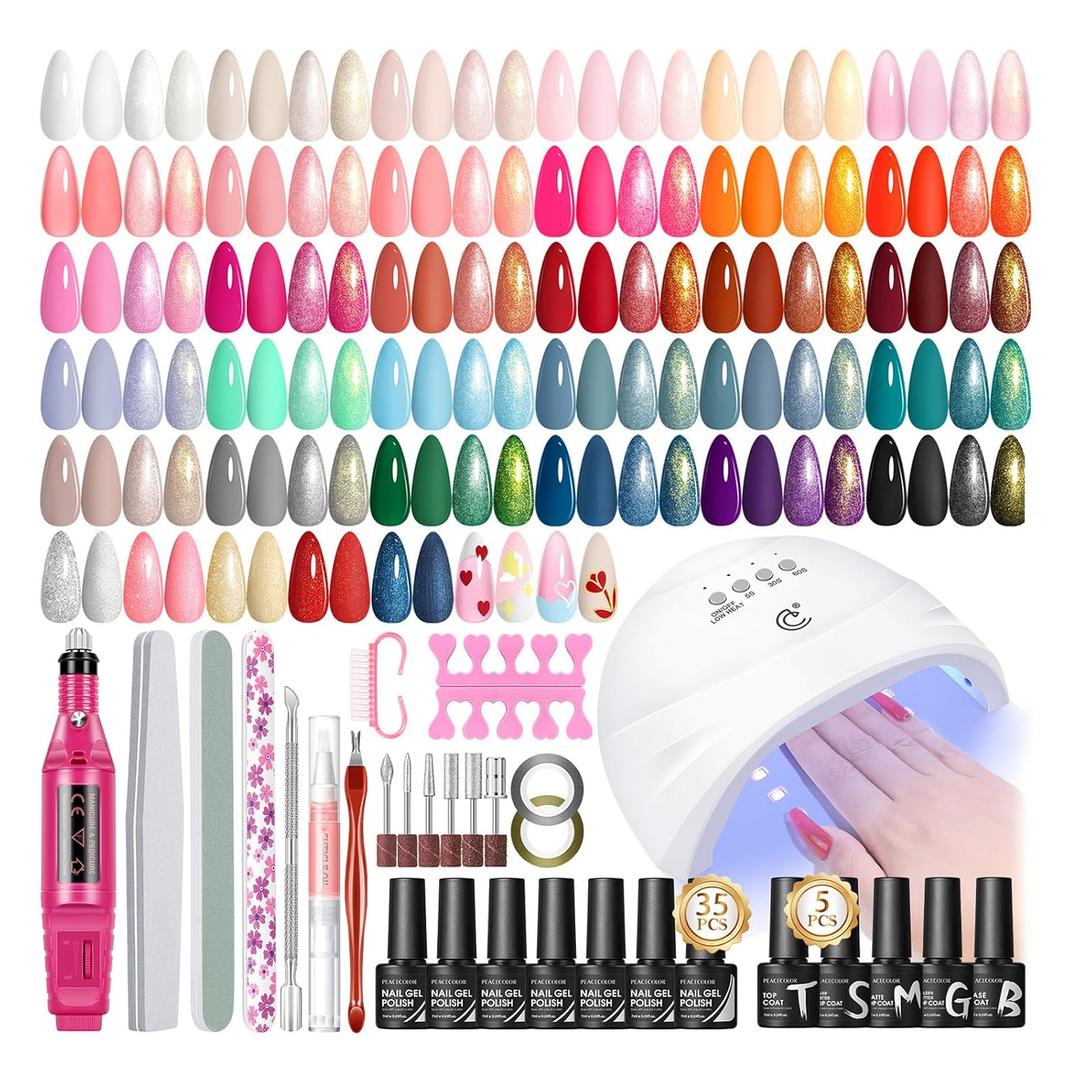 PEACECOLOR 53PC Gel Nail Polish Kit with U V Light and Drill 35 Colors Soak Off Gel Polish with Matte Glitter Glossy Top Base Coat Art Manicure Complete Nail Polish Kit Gifts for Women