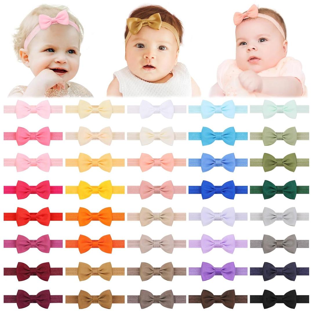 jollybows 40pcs Baby Girls Bows Headbands Elastic Hairband Ribbon Bow Hair Accessories for Newborns Infants Toddlers and Kids (Muti colors set)