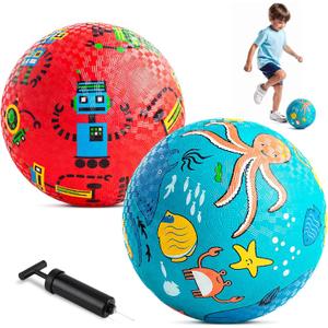 ZOOJOY Pack of 2 Cartoon Playground Balls, Balls for Kids 3+, 8.5" Rubber Balls for Dodgeball, Non-Slip Rubber Bouncy Kickball Set, Indoor & Outdoor Game Toys for Boys Girls with Pump
