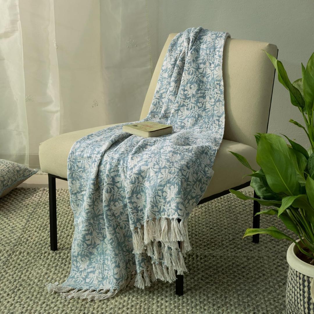 100% Pure Cotton Handblock Printed Throw Blanket, Soft 50" x 60" Fringed Floral Print Throw for Couch, Sofa, Chair, Bed - Cozy, Machine Washable, Comfortable Home Decor (Paleblue)