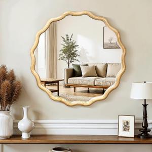 Circle Wood Mirrors for Wall, Wavy Round Bathroom Scalloped Mirror Wooden Frame 24 Inch for Living Room Farmhouse Bedroom Hallway Entryway Living Room with Shatterproof Glass Wall Mounted