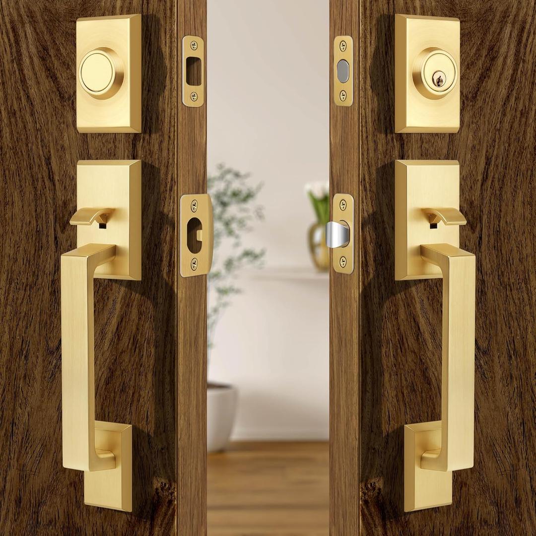 Moquin Double Front Door Lock Set, Brushed Gold Square Front Door Hardware Set with Dummy, Heavy Duty Door Handle with Deadbolt, Stain Brass Double Entry Door Lock Set with Reversible Handle