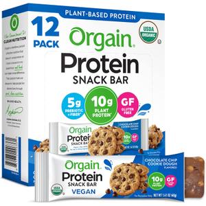Orgain Organic Vegan Protein Bars, Chocolate Chip Cookie Dough - 10g Plant Based Protein, Low Calorie Healthy Snacks, No Lactose or Soy Ingredients, Gluten Free, Non-GMO - 1.41 Oz (Pack of 12) BBD: 07/02/2025