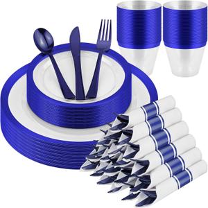 210 Pcs Blue Plastic Dinnerware Set for 30 Guests - Includes 30 Set of Dinner Plates, Dessert Plates, Clear Plastic Cups, and Blue Pre-Rolled Napkins with Cutlery Set, Disposable Party Supplies