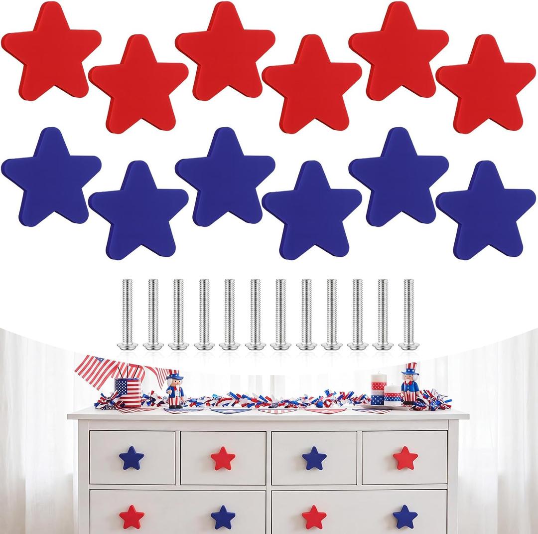 Moxweyeni 12 Pcs Patriotic Star Cabinet Knob Covers, 4th of July Silicone Cabinet Knob Kitchen Decor, Red and Blue American National Decor, Decorative Drawer Knobs for Home & Holiday Party Decoration