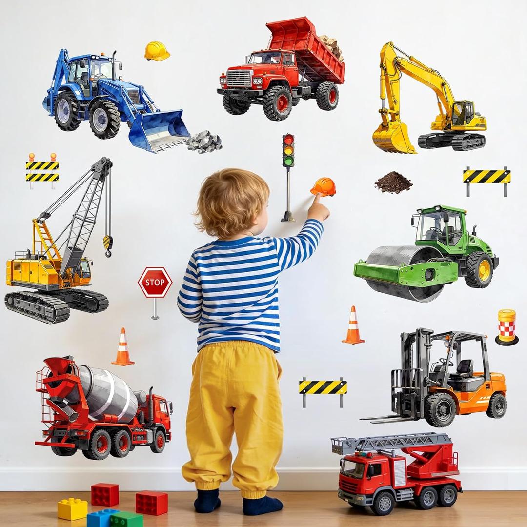 Construction Vehicle Wall Decals - Truck Excavator Crane Mixer Kids Room Decor Stickers for Boys, Removable Vinyl Wall Art for Kids Bedroom Living Room Baby Nursery Playroom Classoom