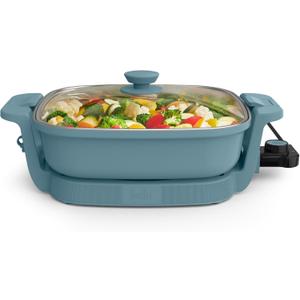 bella Make & Take Electric Skillet, Fits-anywhere kitchenware, EverGood Ceramic Coating, Adjustable Temperature & Dishwasher-Safe Tempered Glass Lid, Cast Aluminum Base, 1200 Watt, Surf
