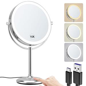 15x Makeup Mirror with Light, Lighted Vanity Mirror with 3 Color Brightness Adjustable, 360°Rotation Double Side Bathroom Mirror -Chrome