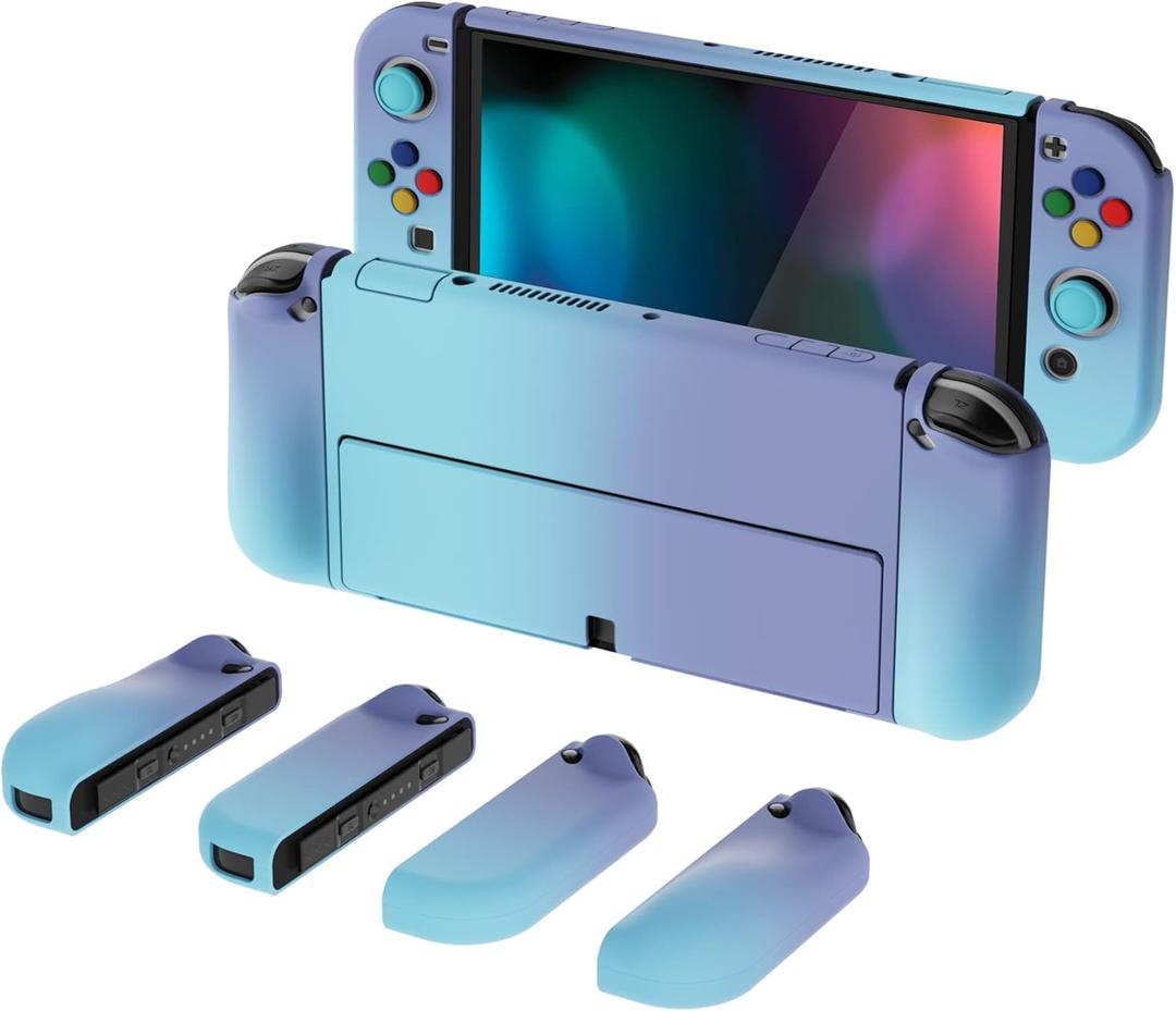 PlayVital AlterGrips Protective Slim Case for Nintendo Switch OLED, Ergonomic Grip Cover for Joycon, Dockable Hard Shell for Switch OLED w/Thumb Grip Caps & Button Caps (Gradient Violet Blue)