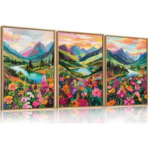 Celestdeco Wildflower Blossom Framed Canvas Wall Art Set, Colorful Flowers Painting, Abstract Landscape Wall Decor, Natural Ridge Floral Art Print for Living Room, Dining Room, Office - 24"x36"x3
