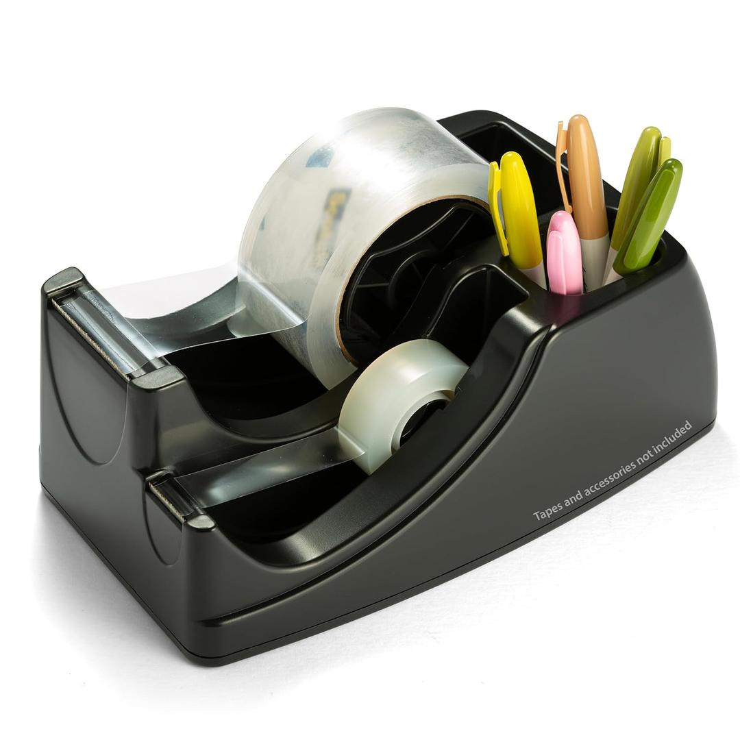 Officemate Recycled 2-in-1 Heavy Duty Tape Dispenser, 1" and 3" Cores, Black (96690)